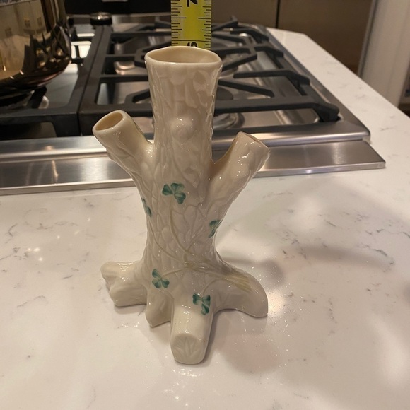 Vintage Belleek Ireland Porcelain Shamrock Triple Trunk Tree Shape Bud Vase - Picture 11 of 13